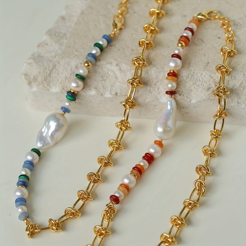 Handcrafted Beaded Necklace with Freshwater Pearls and Colorful Chain for Women