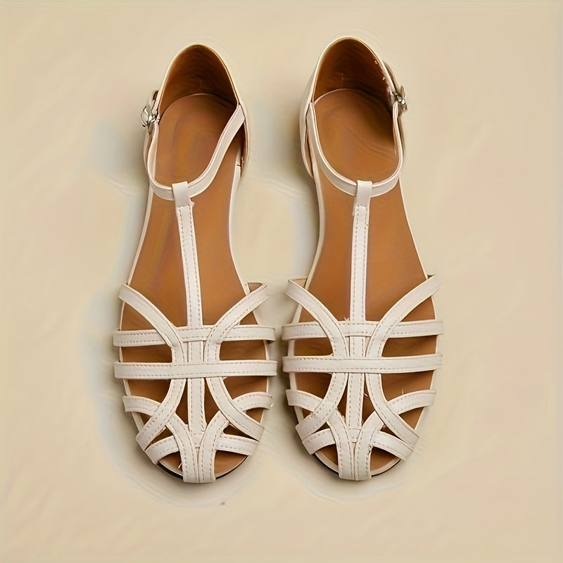 Women’s Beige Synthetic Roman Sandals with Flat Heel and Crisscross Straps