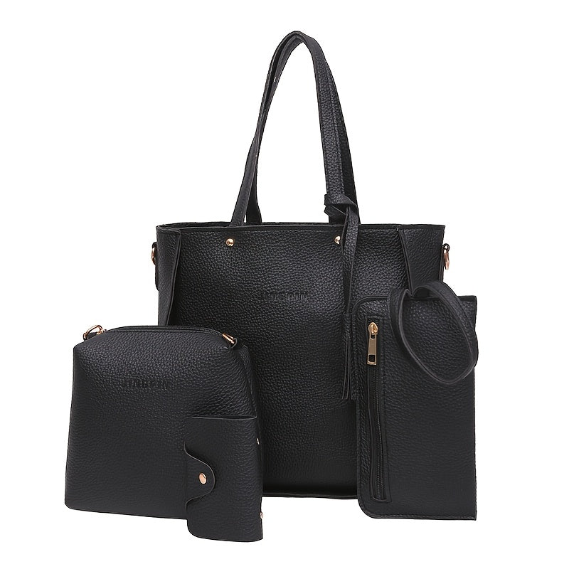 4-Piece Matching PU Handbag Set for Mother and Daughter Black Casual Urban