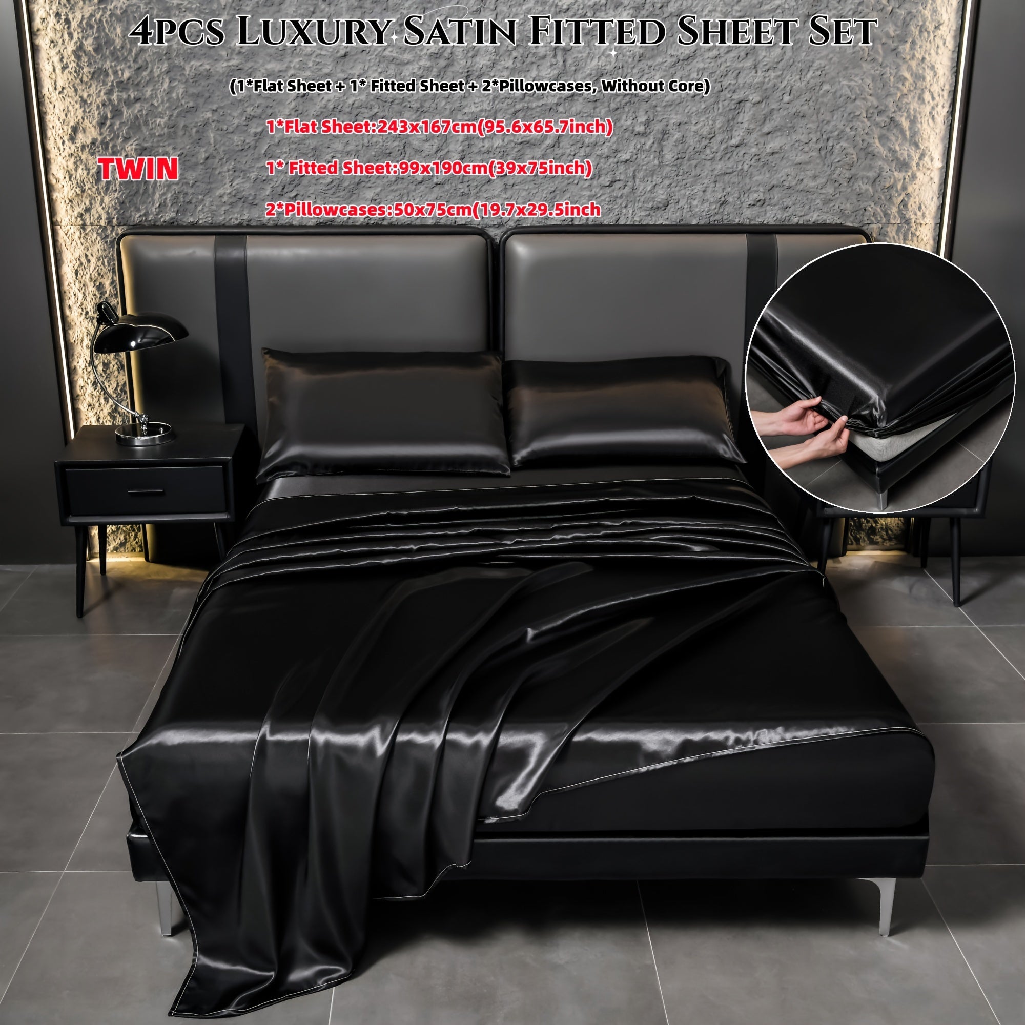 Juego de sábanas de satén de 4 piezas, reversible, transpirable, antideslizante, de color sólido para dormitorio, invitados, hotel