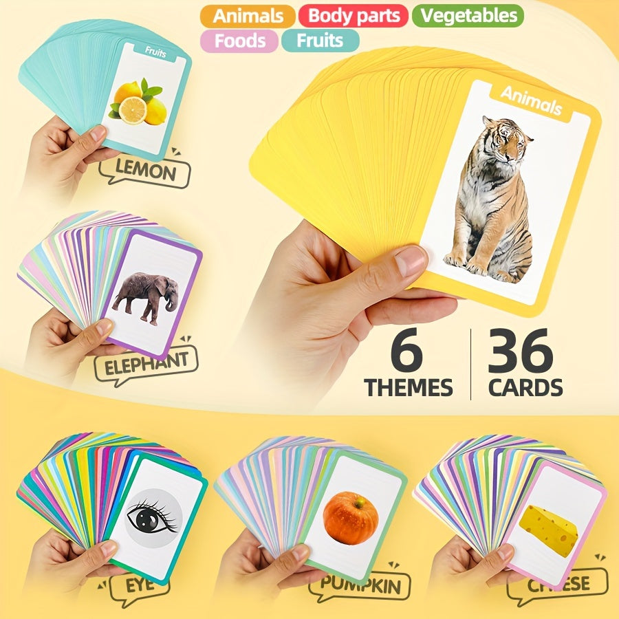 Educational Bilingual Flash Cards for Kids Ages 3 and Up 36 Double-Sided Paper Teaching Aids with Animals Fruits Vegetables Shapes and Body Parts
