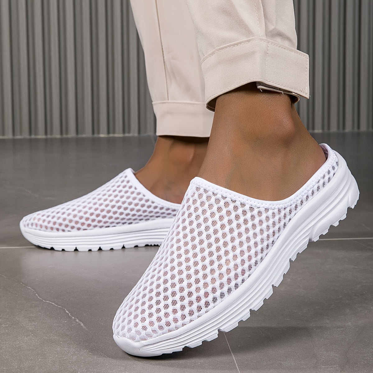 Women's Mesh Slip-On Mules White Hollow Out Lightweight Comfortable Shoes