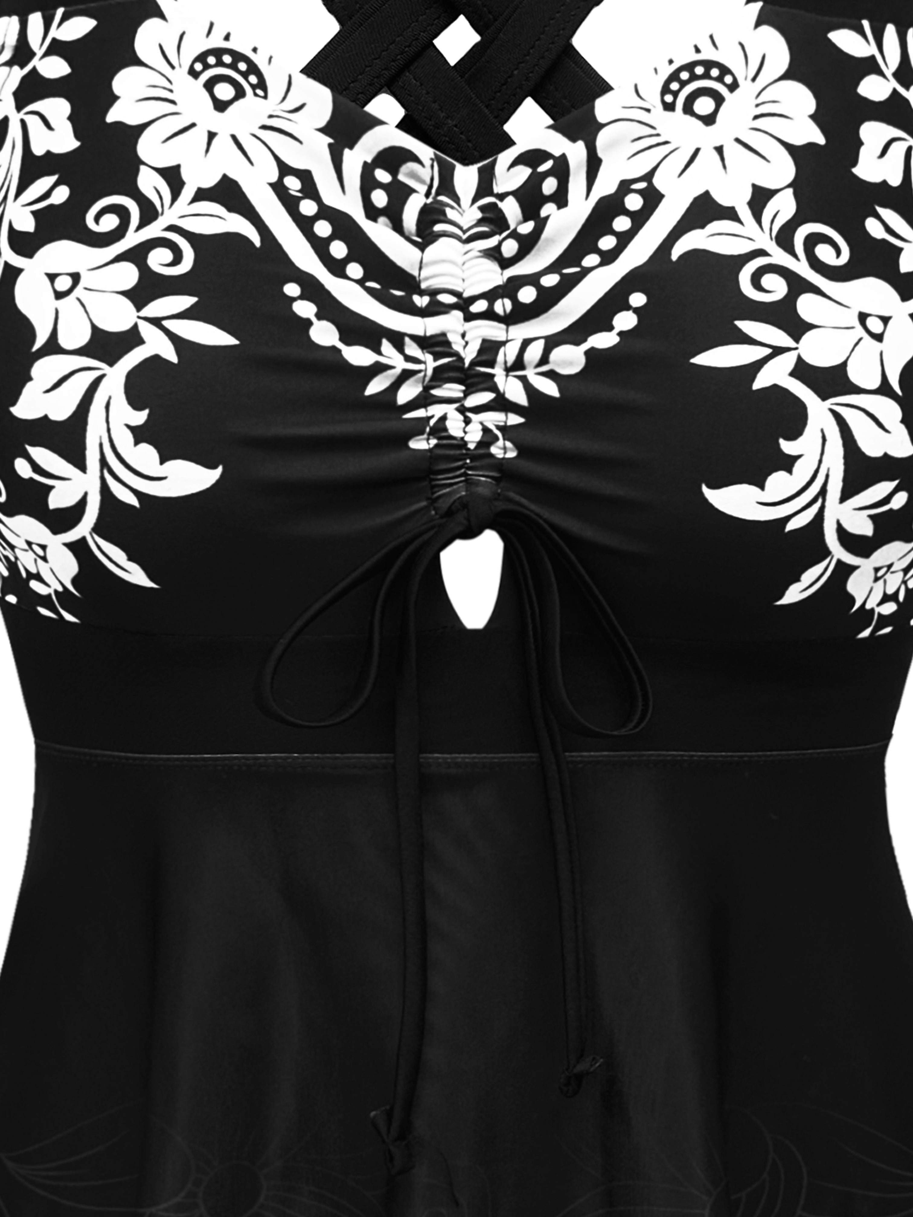 European American Floral Swimsuit for Women with Pleated Edges Polyester Elastane Two-Piece