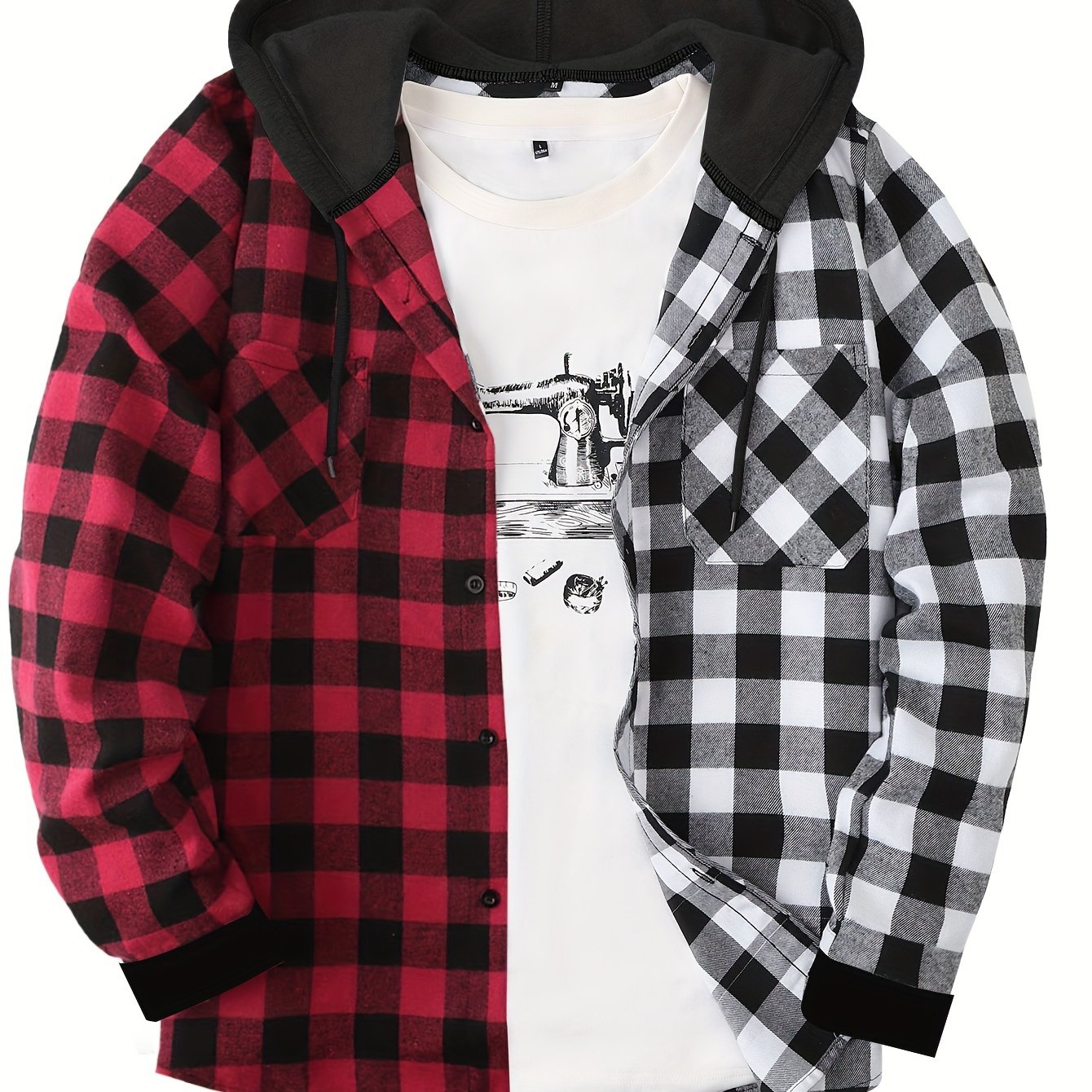 Men's Plaid Pattern Hoodie Jacket with Pockets Long Sleeve Casual Outdoor