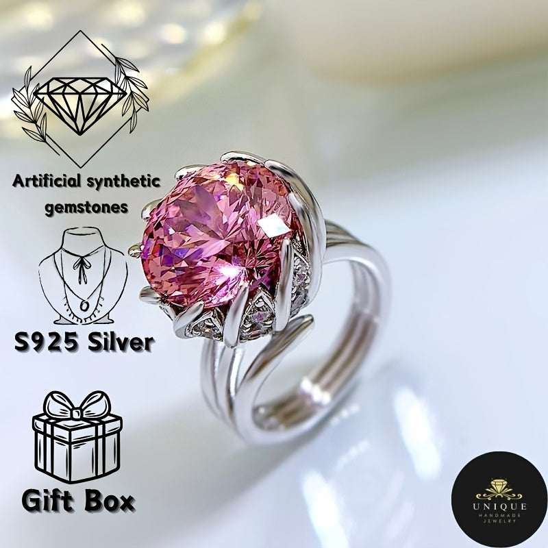 Sterling Silver Lotus Flower Ring with Pink Synthetic Gemstone 7.5 Carats Gift Box