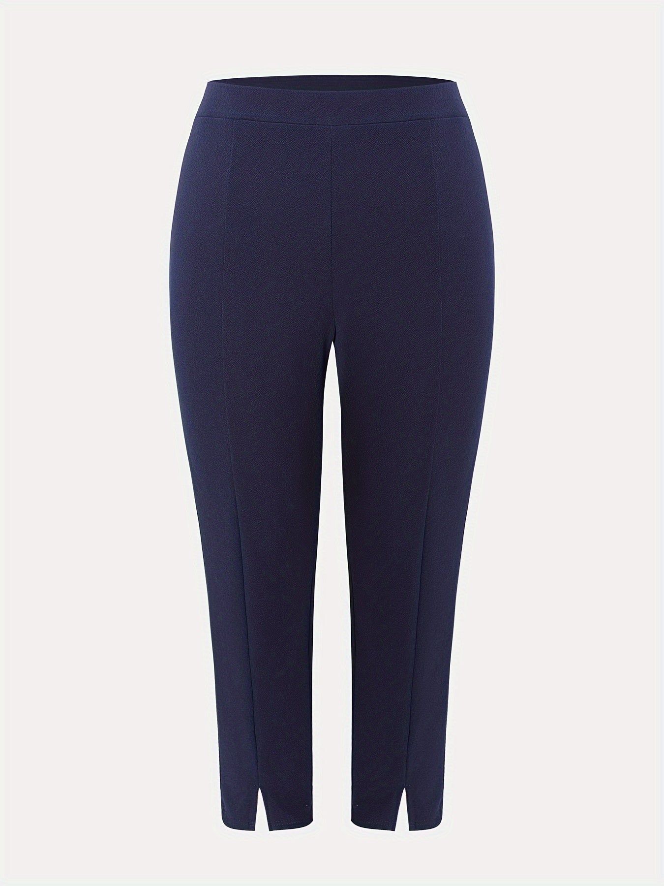 Plus Size High Waist Slim Fit Pants with Side Slits Solid Color Knit Fabric