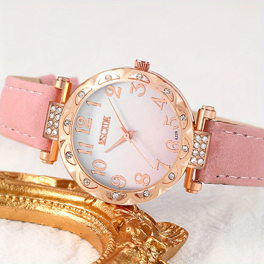 Women's Pink Gradient Quartz Watches Set with Rhinestones and Star Bangle Gift for Her