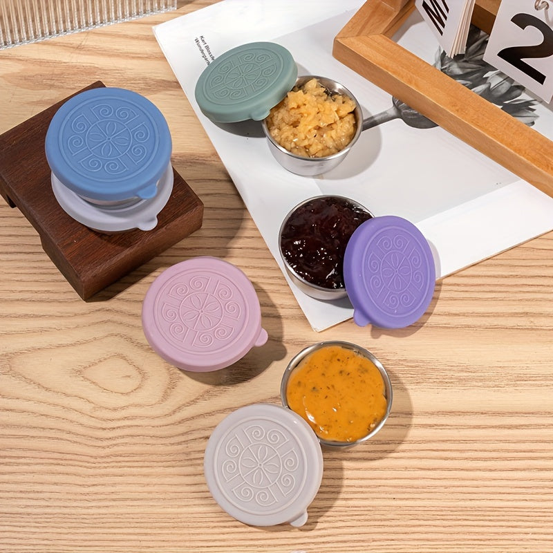 Stainless Steel Condiment Cup with Silicone Lid Leakproof Rust-Resistant Flower Pattern Multicolor
