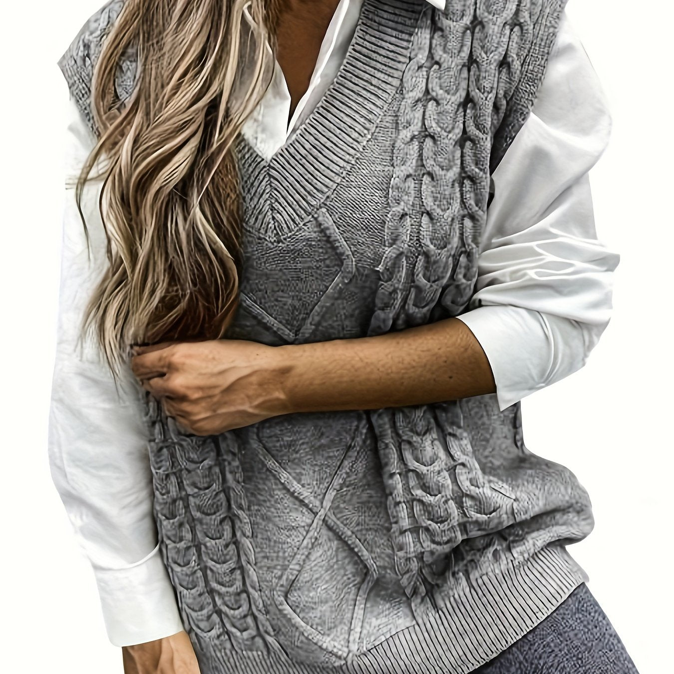 Plus Size Cable Knit Sweater Vest V-Neck Sleeveless Top for Fall Winter