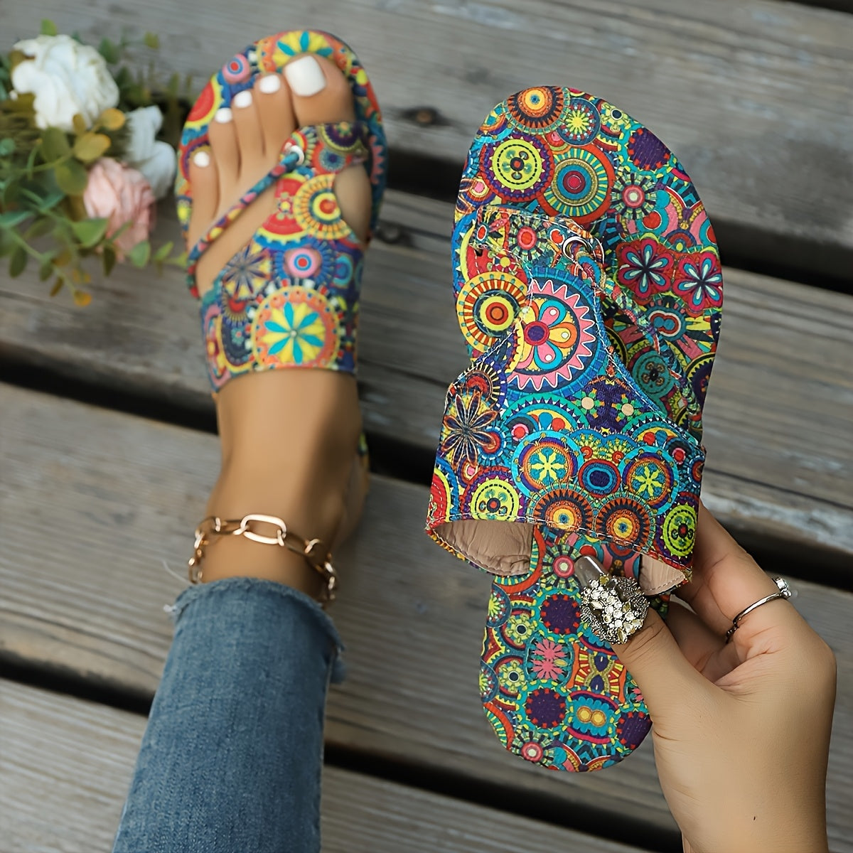 Women's Bohemian Floral Slide Sandals Open-Toe Flat with Adjustable Straps