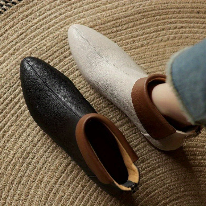 Women Ankle Boots Faux Cover Leather Mid-Heel Side Zipper Pointed Toe