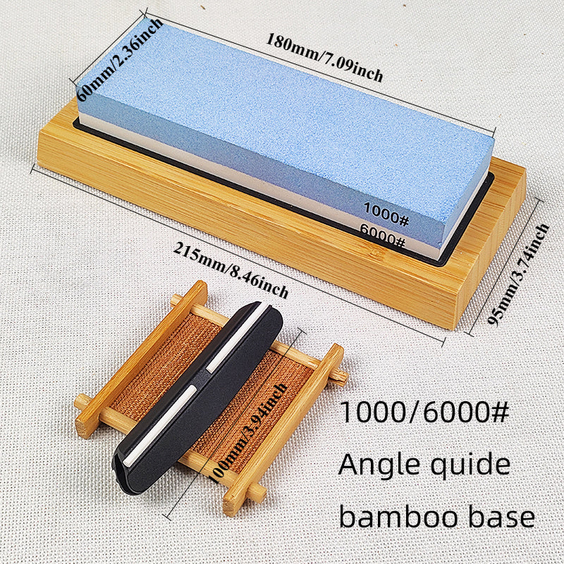 3-in-1 Knife Sharpening Kit with Whetstone, Bamboo Base, Angle Guide, Non-Slip Grip