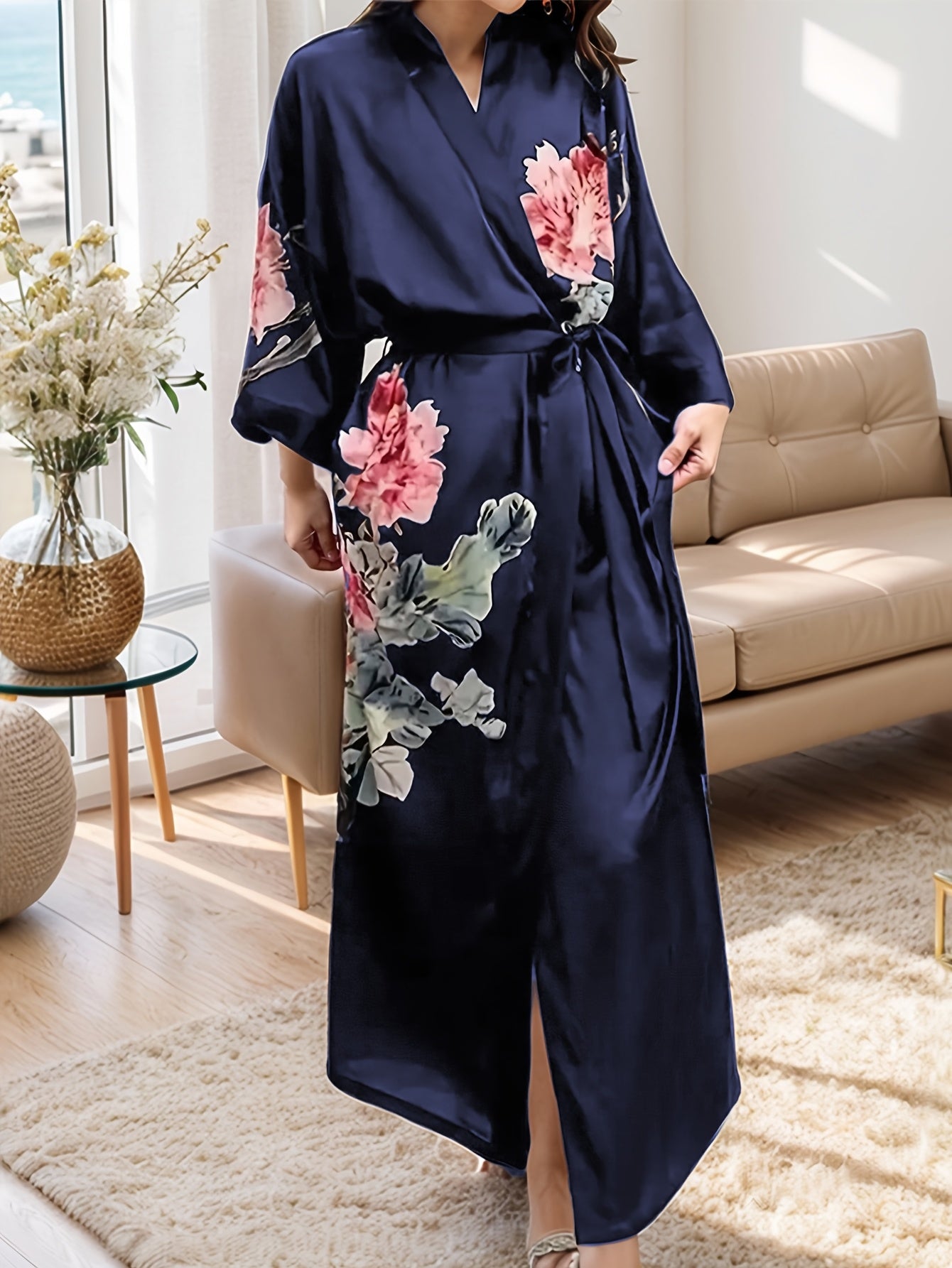 Plus Size Floral Satin Robe for Women Long Sleeve V-Neck Lounge Wear
