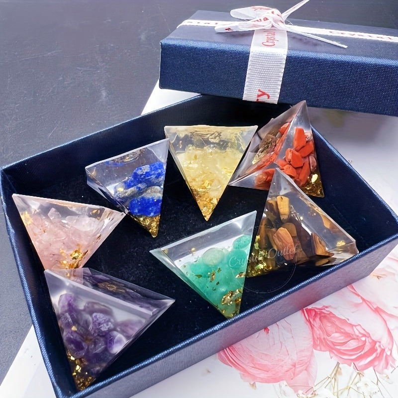 Set of 7 Natural Crystal Orgone Mini Pyramids in Gift Box Reiki Healing Gemstone Resin Decor