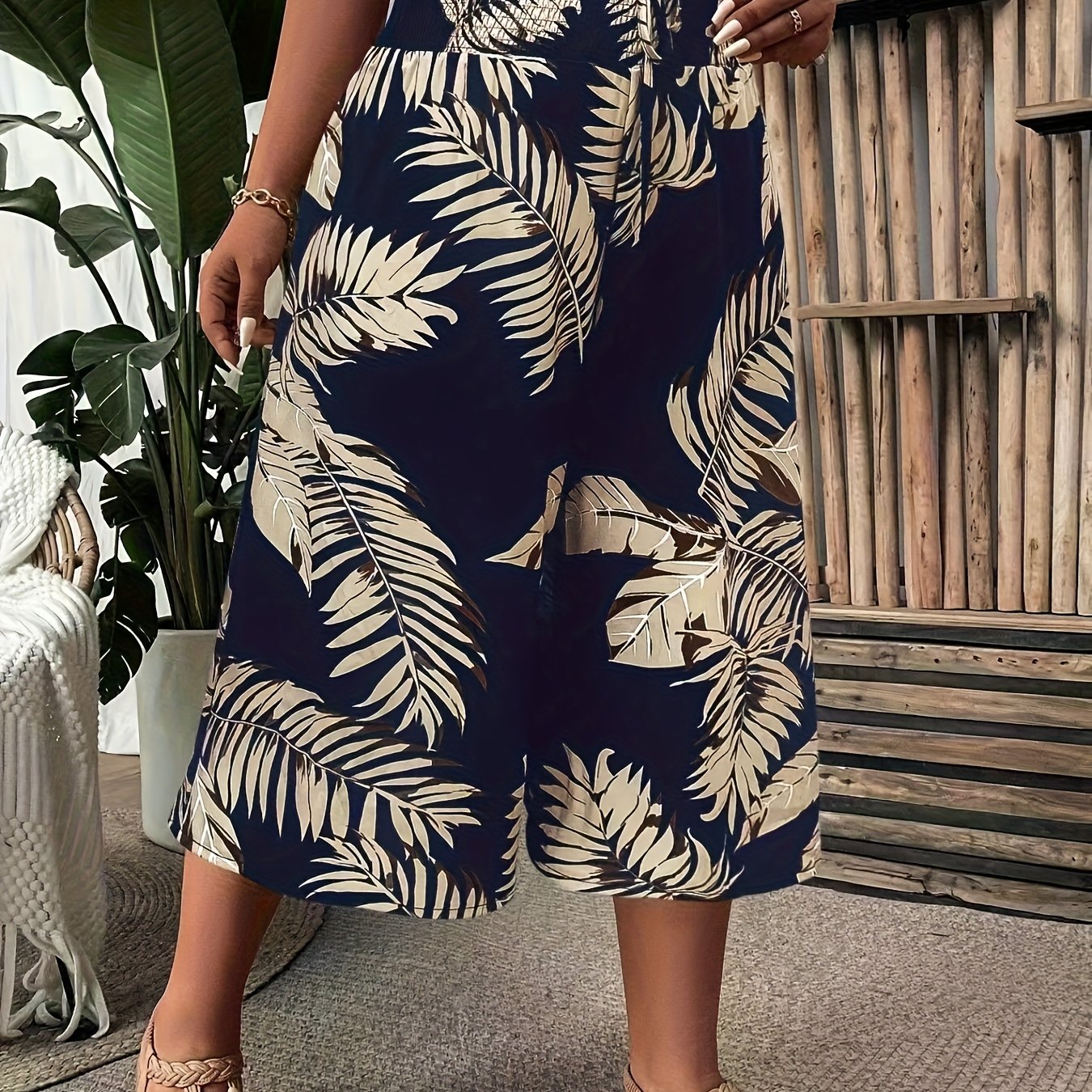 Women's Plus Size Tropical Print Wide-Leg Pants Black Gold Palm Leaf High-Waisted Summer Casual