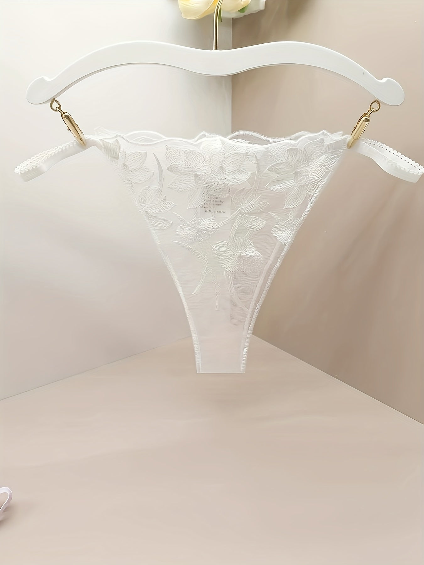 Women's Sheer Mesh Thong Panties with Embroidered Floral Design and Open Crotch