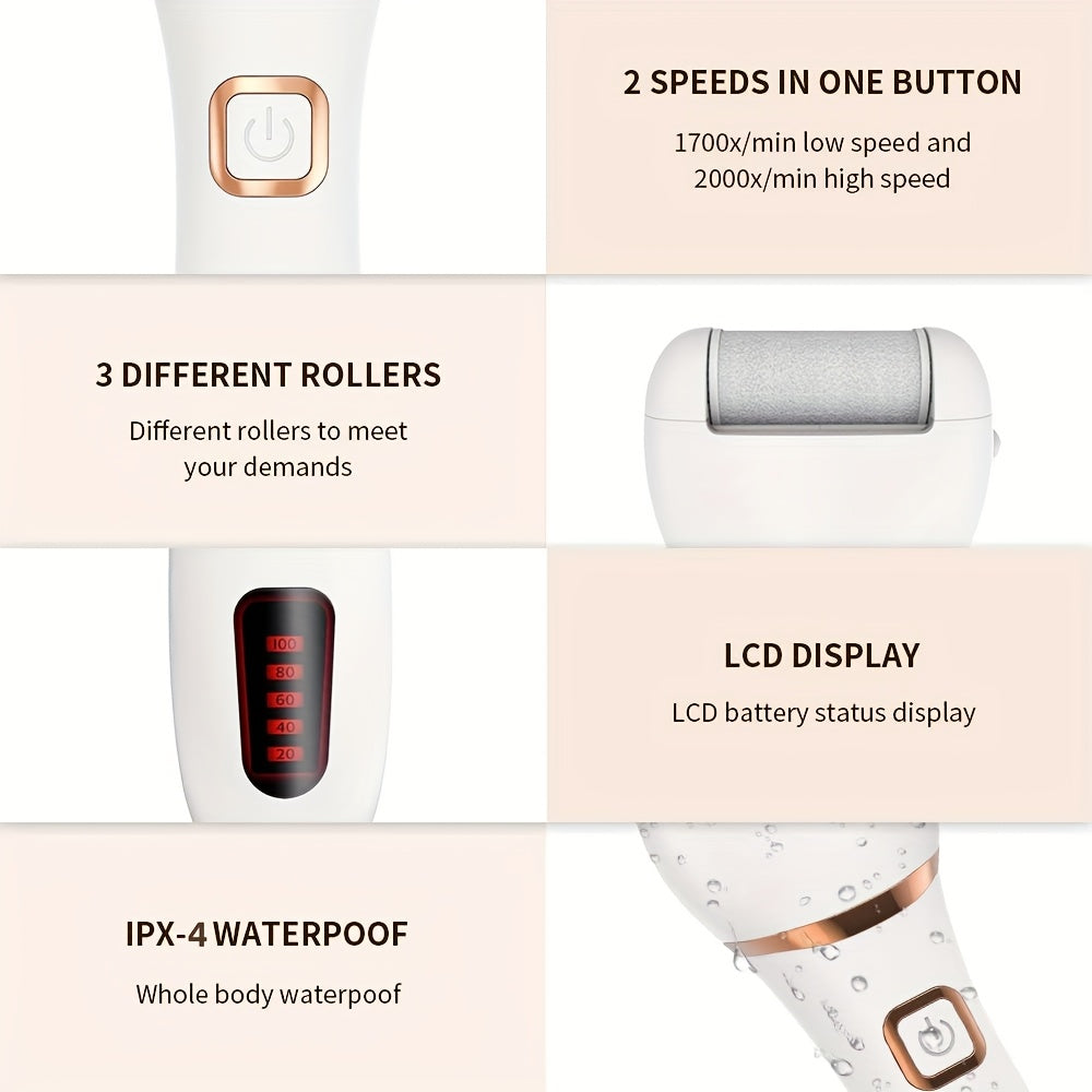 Rechargeable Electric Foot Grinder with LCD Display and 3 Replaceable Heads for Pedicure and Foot Care