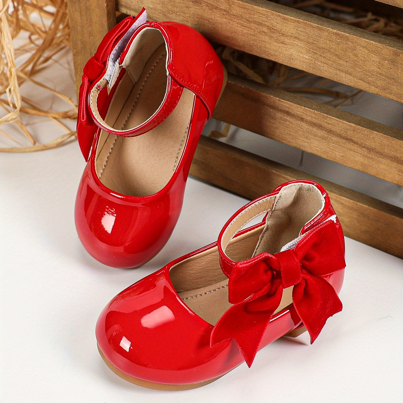 Girls' Casual Mary Jane Shoes with Bow, Lightweight PU, TPR Sole, Adjustable Strap