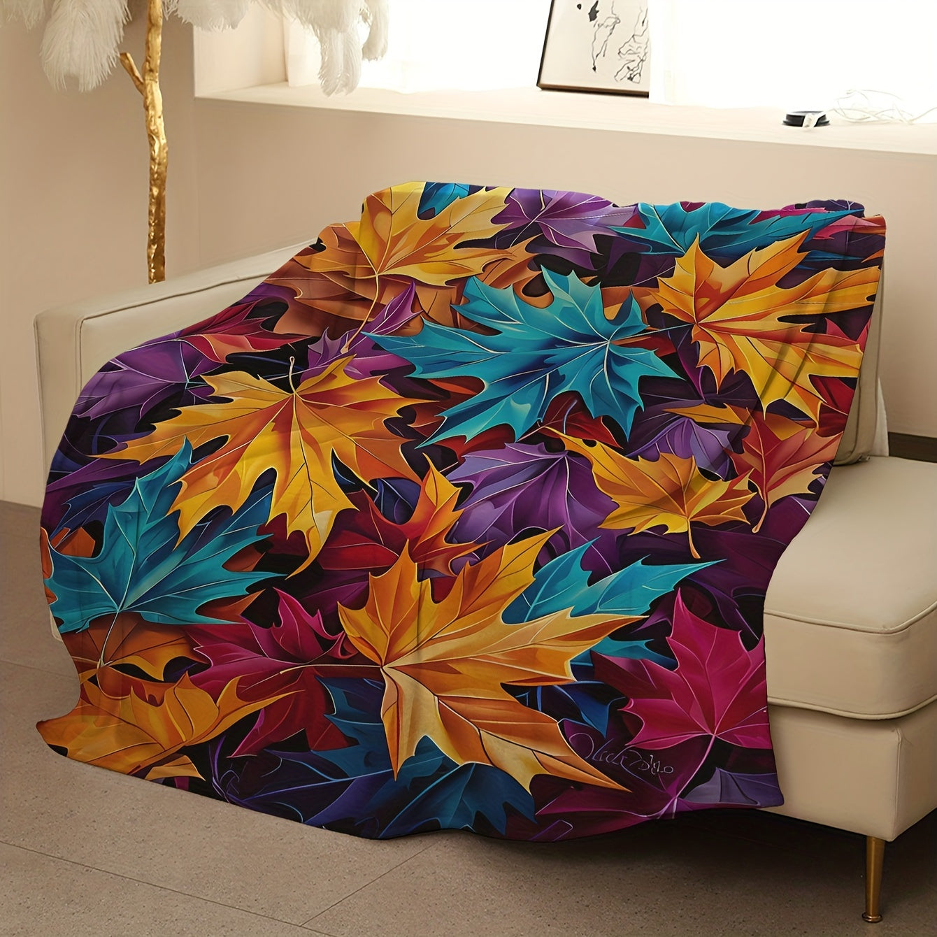 Coral Fleece Blanket with Colorful Maple Leaf Print for Sofa Bed Camping Travel All-Season Soft Knit Fabric