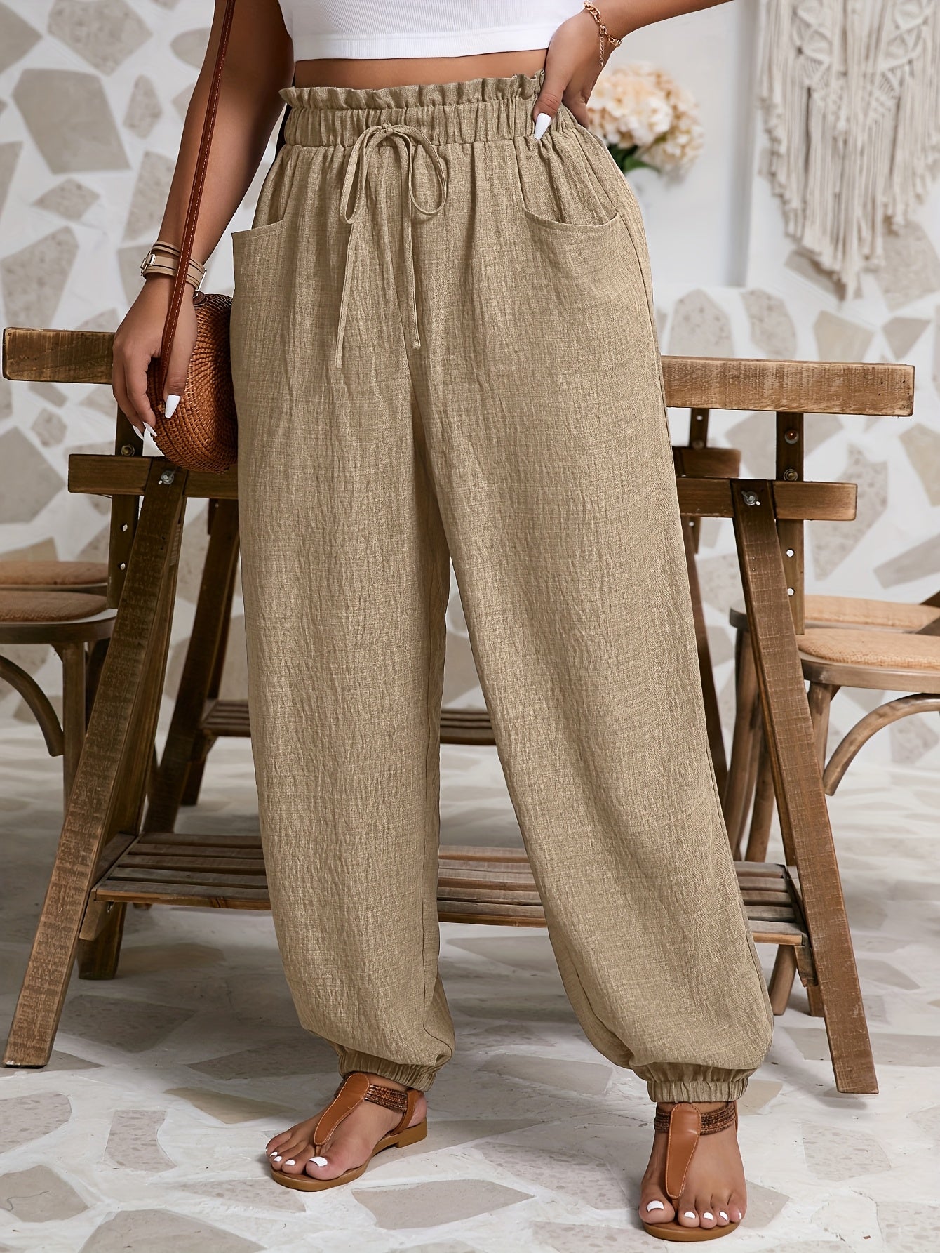 Pantalones casuales de talla grande para mujer con cintura elástica, bolsillos y color sólido