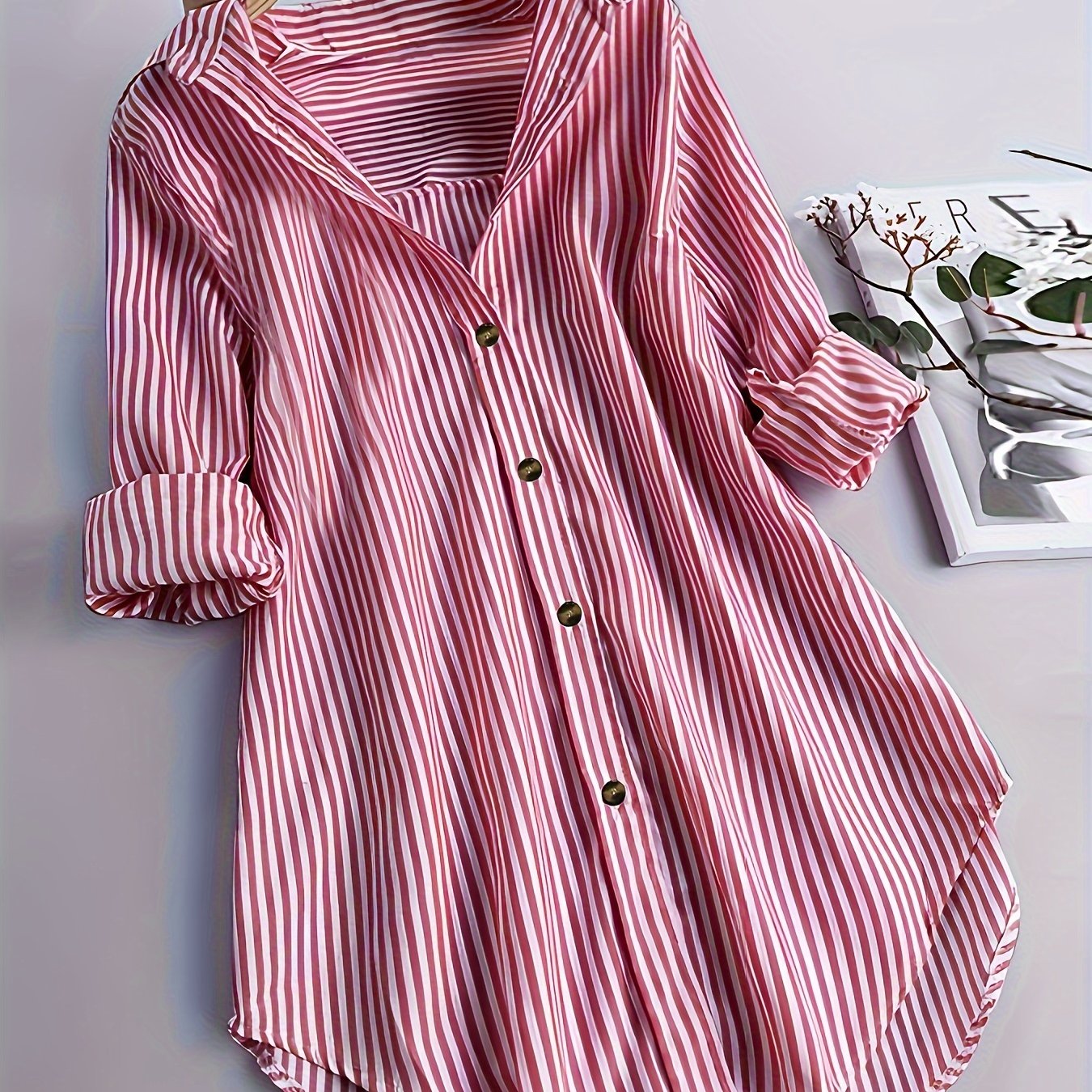 Women's Plus Size Striped Button-Up Shirt Long Sleeve Casual Blouse