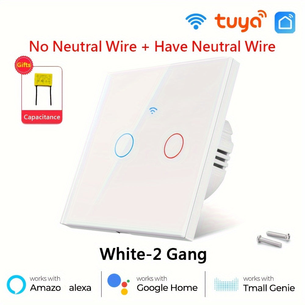 Smart Touch Wall Switch WiFi App Control Tempered Glass 86mm Single or Zero Wire Replacement in White or Golden