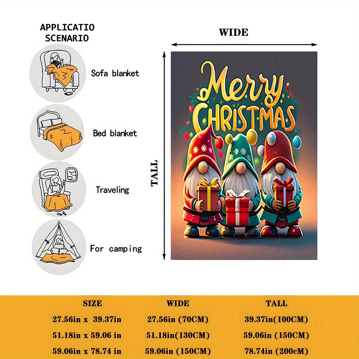 Printed Christmas Gnome Blanket for Sofa Bed Camping Light Polyester 200-250g