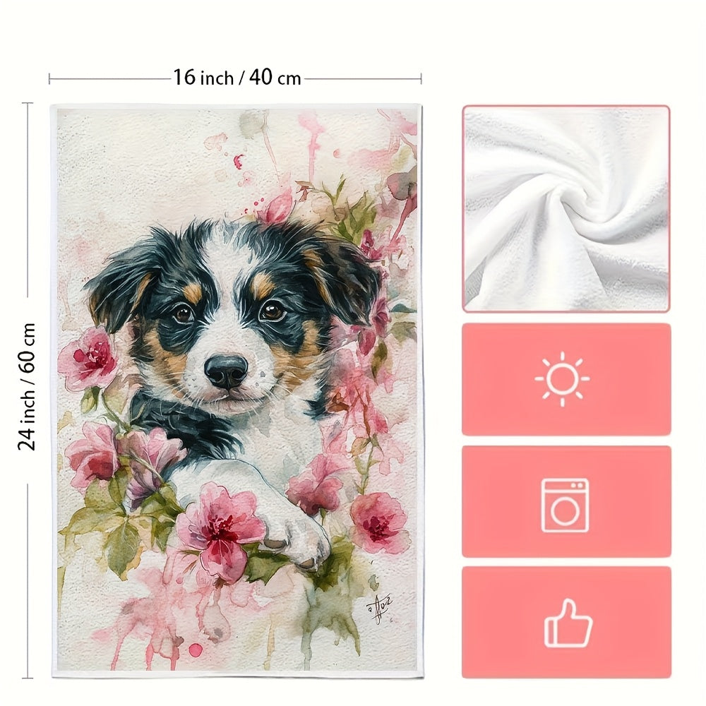 Two Pieces Kitchen Towels Pink Roses Puppy Design Absorbent Quick-Dry