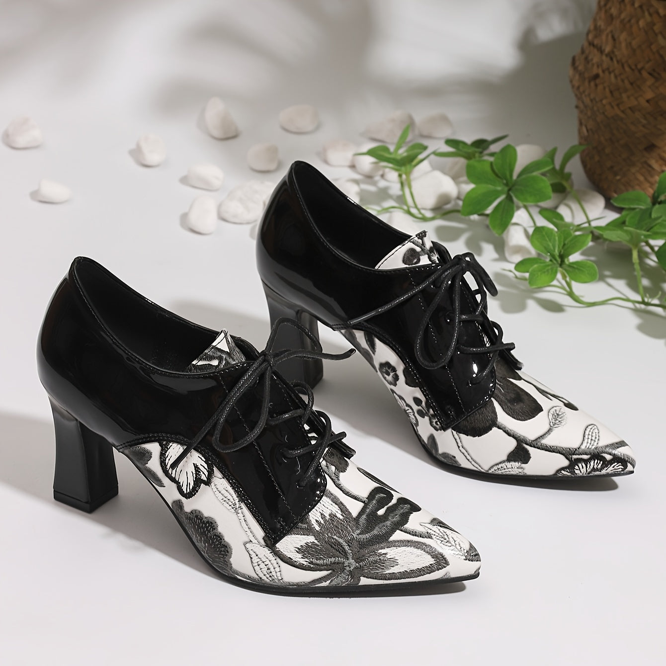 Women's Floral Mary-Jane Pumps with Block Heel Water-Resistant All-Season