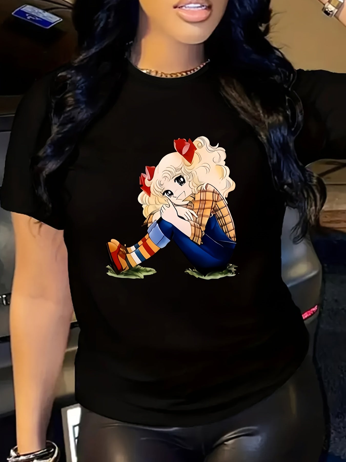 Women's Plus Size Black Casual T-Shirt with Colorful Cartoon Print