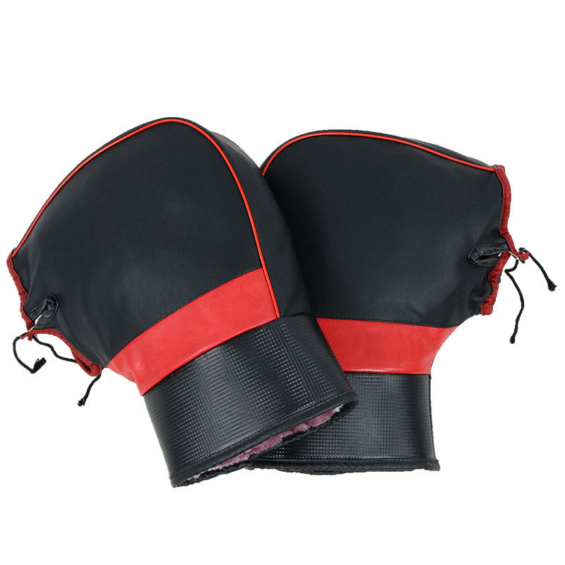 Motorcycle Handlebar Gloves Black Red Stitching Faux Leather Winter Riding