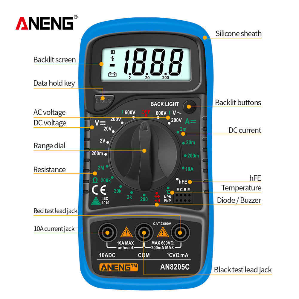 Digital Multimeter with Backlight AC/DC Ammeter Volt Ohm Tester Thermocouple