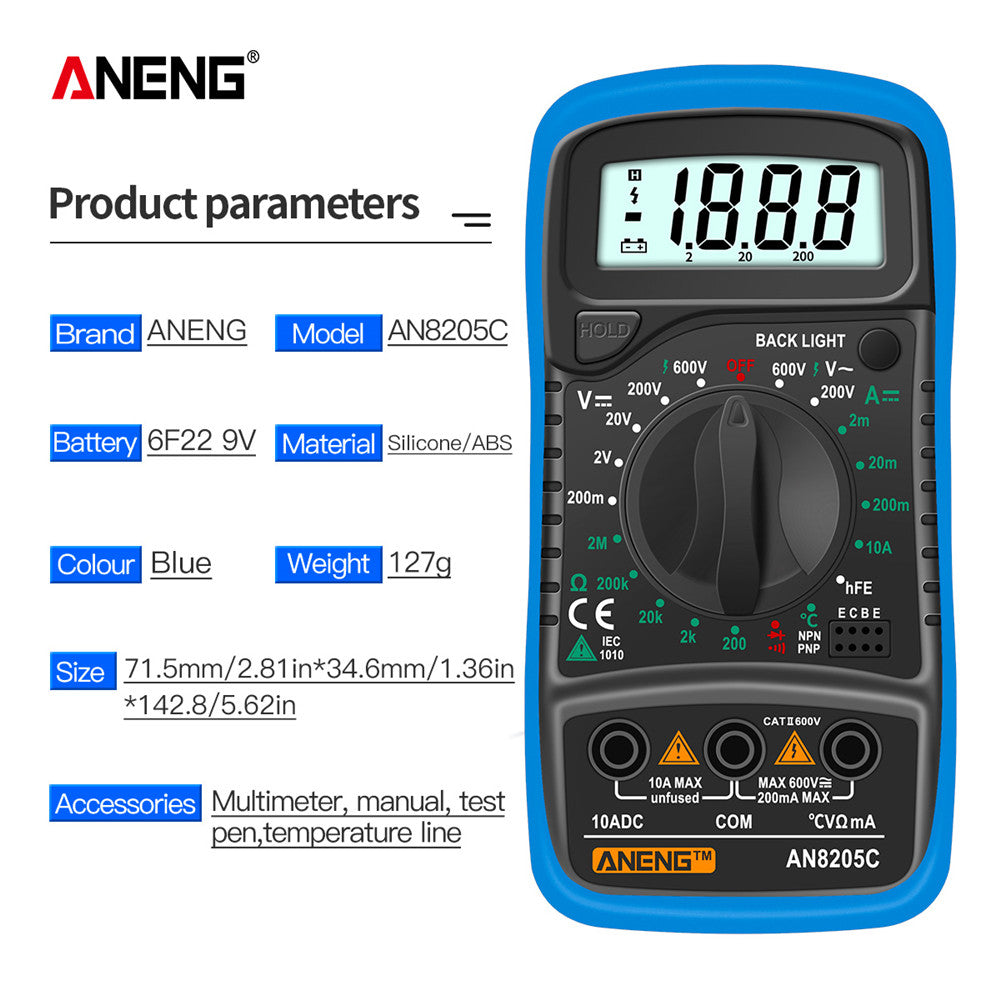 Digital Multimeter with Backlight AC/DC Ammeter Volt Ohm Tester Thermocouple
