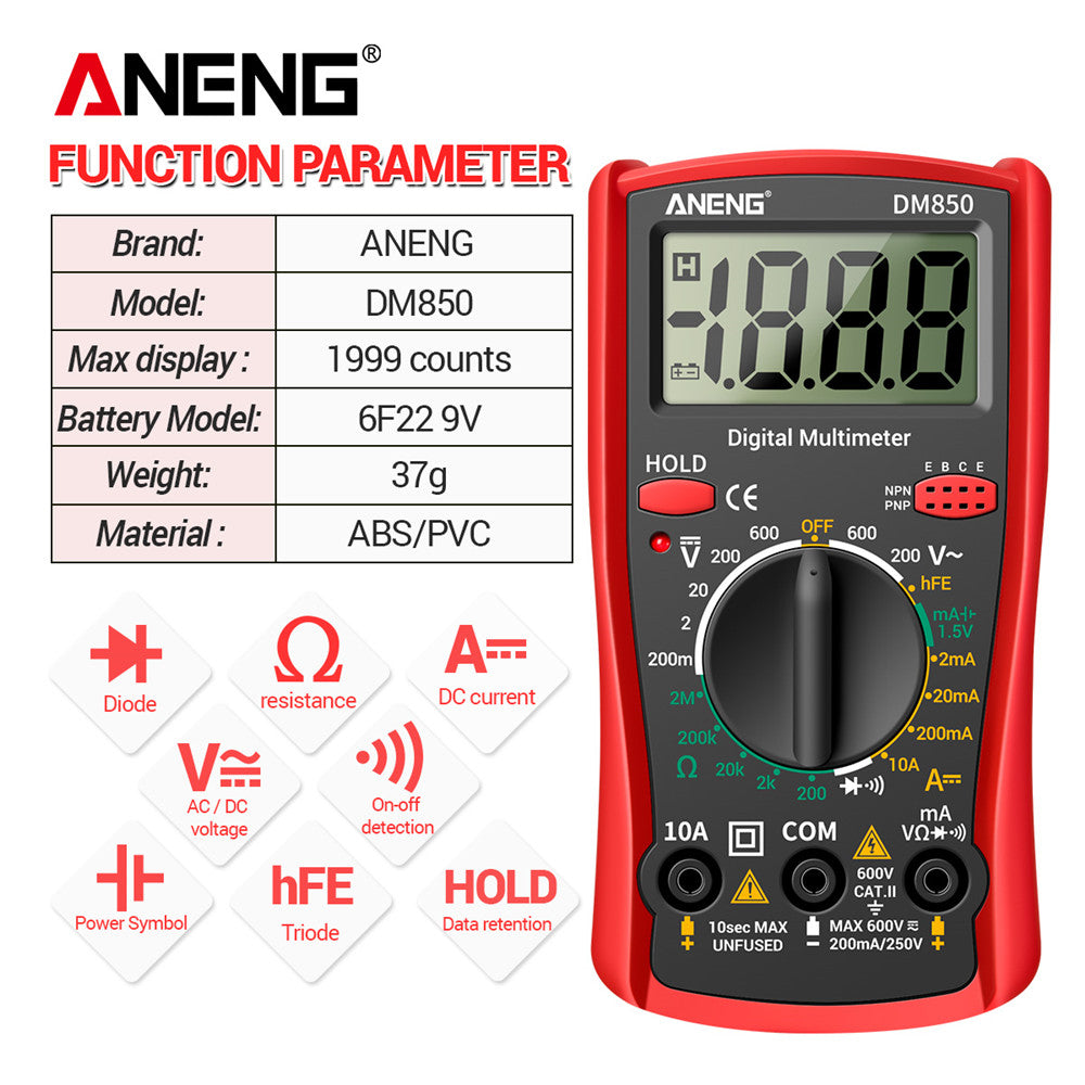 Digital Multimeter 1999 Counts Auto AC/DC Voltage Resistance Current Tester LCD Display