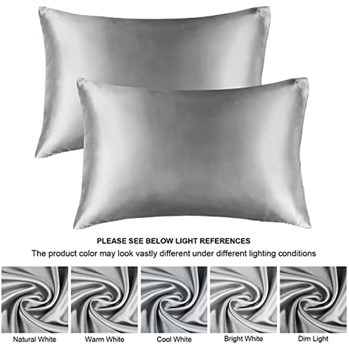 Set of 2 Gray Satin Pillowcases for Hair and Skin Health Moisture-Wicking Soft