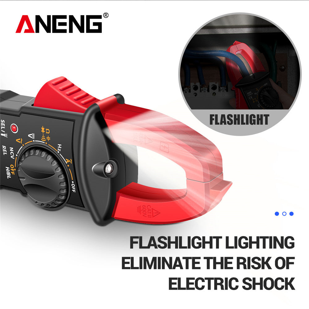 ANENG ST180 — это цифровой клещевой мультиметр с разрешением 4000 отсчетов для измерения переменного тока, напряжения, частоты, ёмкости и сопротивления, а также для тестирования автомобильных усилителей и бесконтактного измерения напряжения.