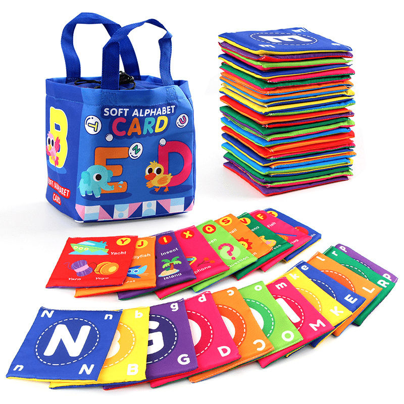 Set de 26 libros de tela para bebés, libros educativos cognitivos con animales, letras, colores, números y bolsa de almacenamiento lavable
