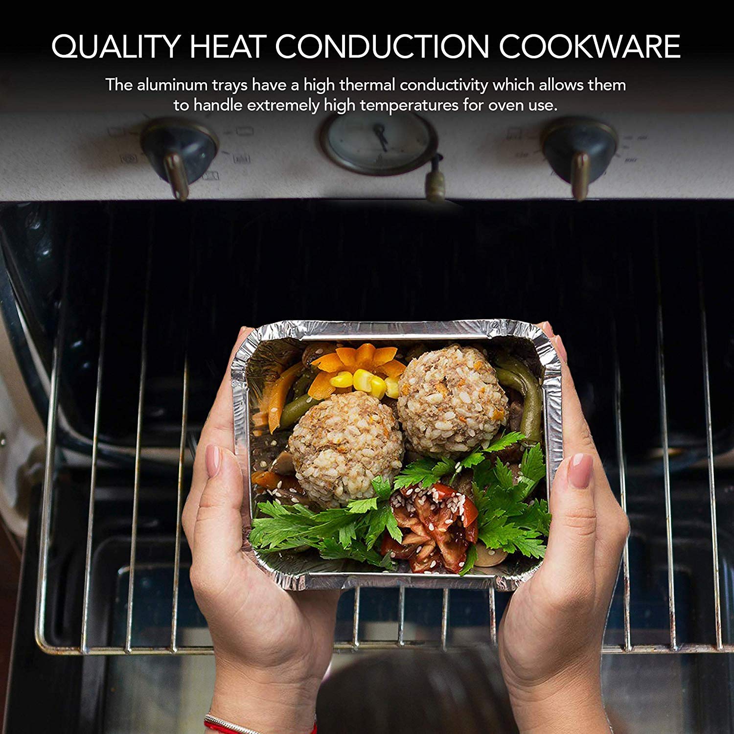 10, 25 yoki 50 dona alyuminiy olib chiqish konteynerlari, folga panlar va qopqog'lar bilan to'plam