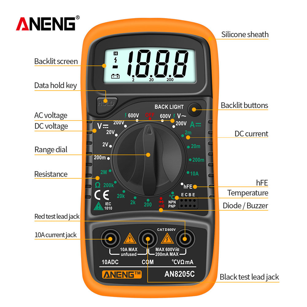 Digital Multimeter Auto Range Backlight AC/DC Volt Amp Ohm Tester Portable with Thermocouple
