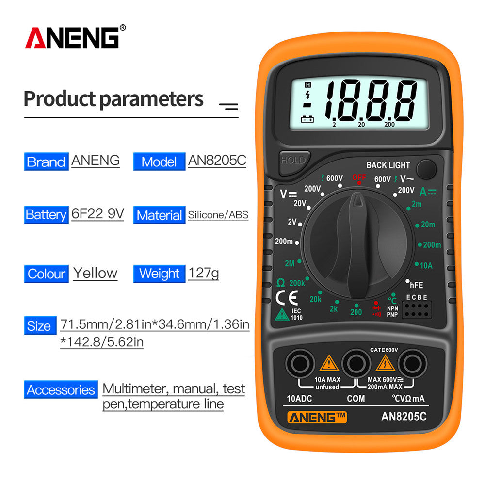 Digital Multimeter Auto Range Backlight AC/DC Volt Amp Ohm Tester Portable with Thermocouple