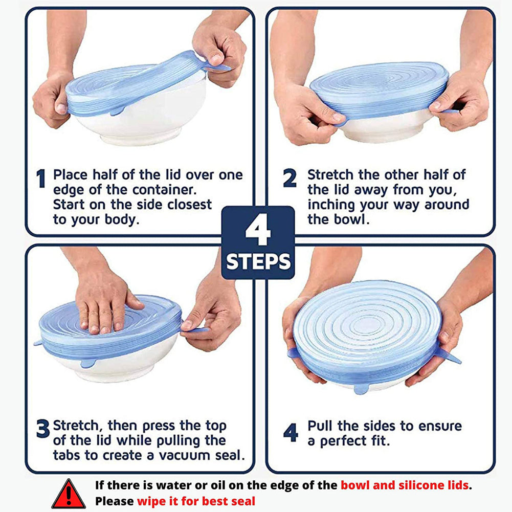 Набор из 6 силиконовых эластичных крышек, предназначенных для мытья и повторного использования. Они подходят для пищевых контейнеров разных размеров, служат крышками для мисок и обеспечивают герметичное уплотнение.