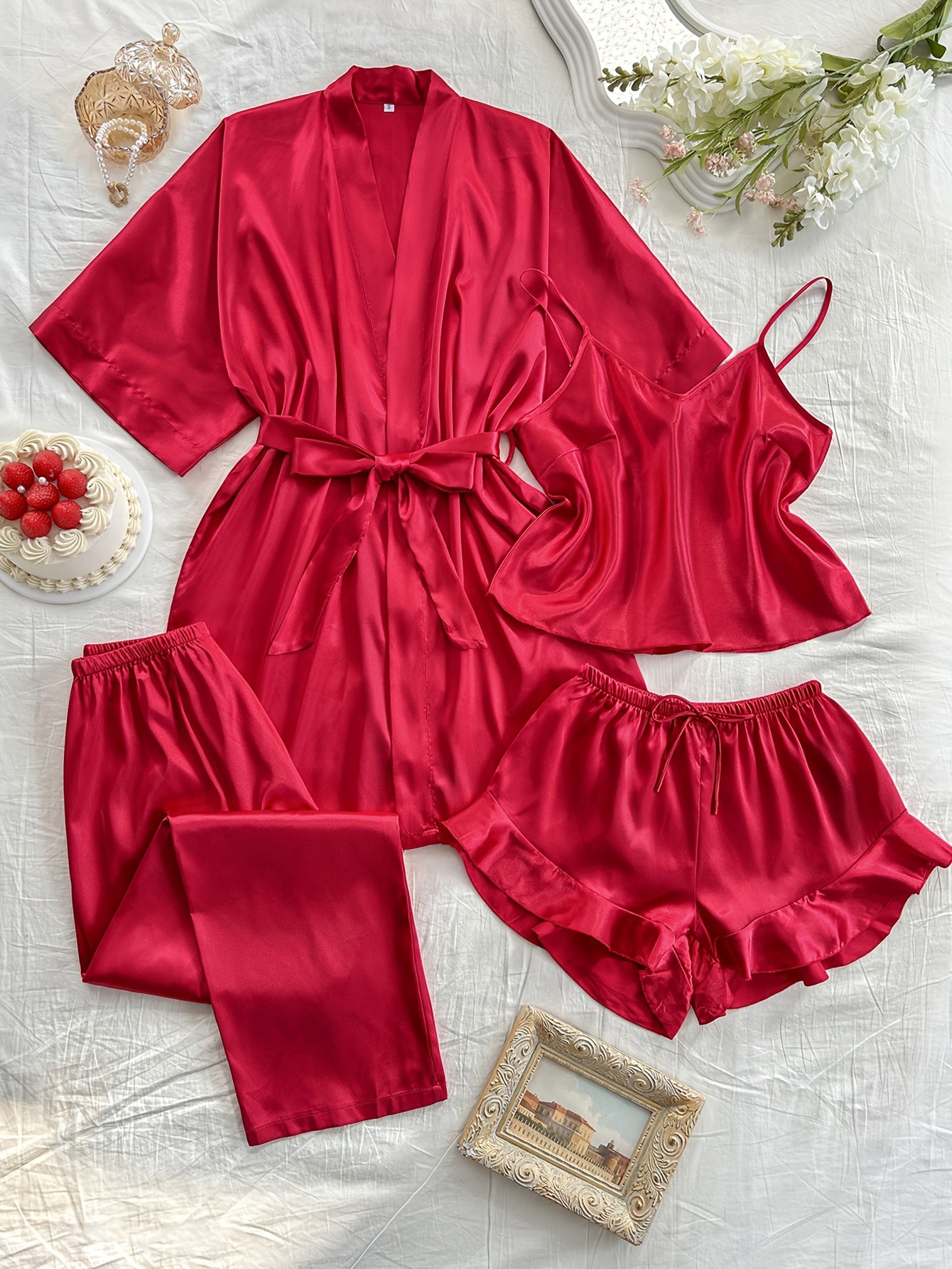 Women's Satin Sleepwear Set V-Neck Robe Top Shorts Long Pants All-Season