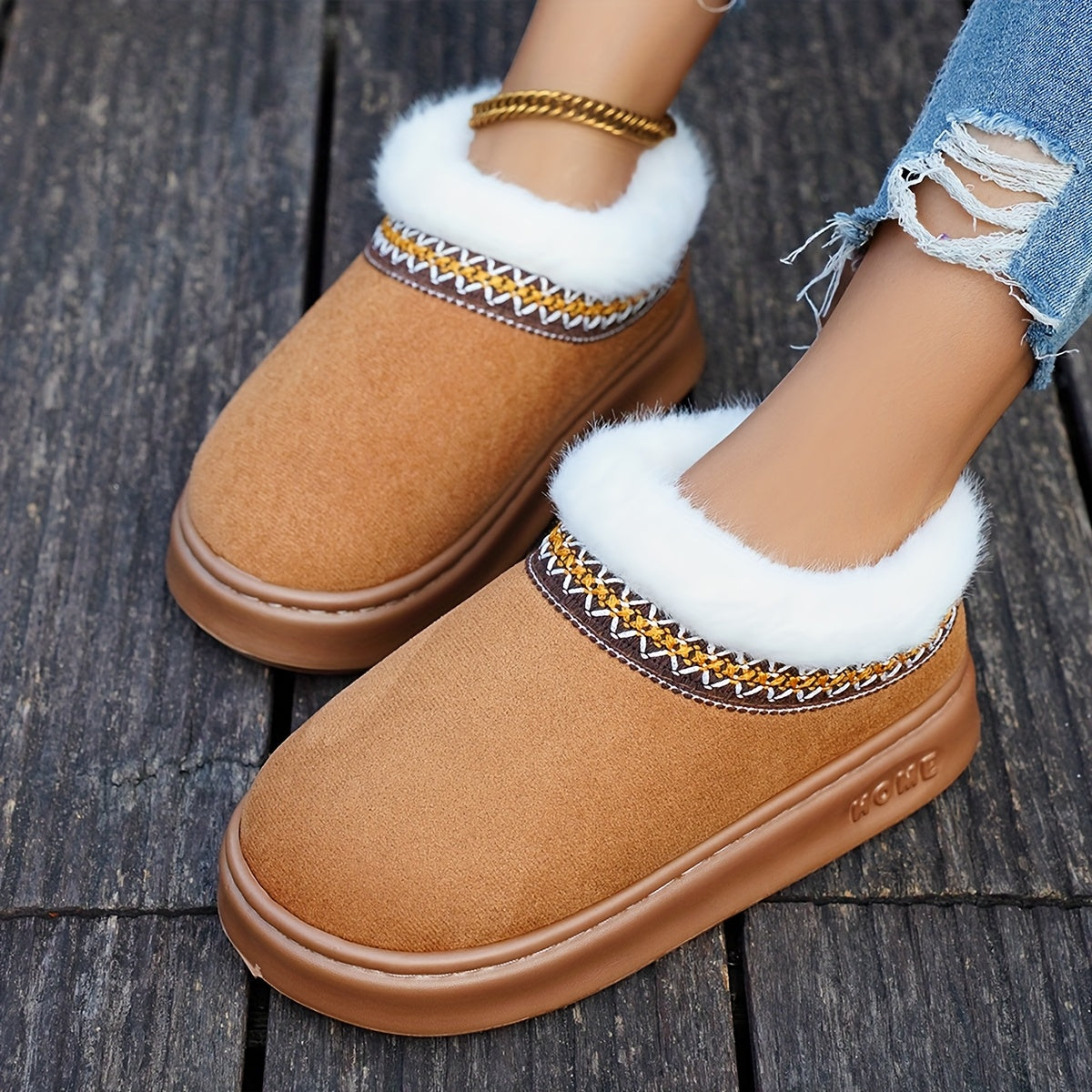 Women Cozy Fleece Lined Slippers Warm Brown Indoor Slip-Ons