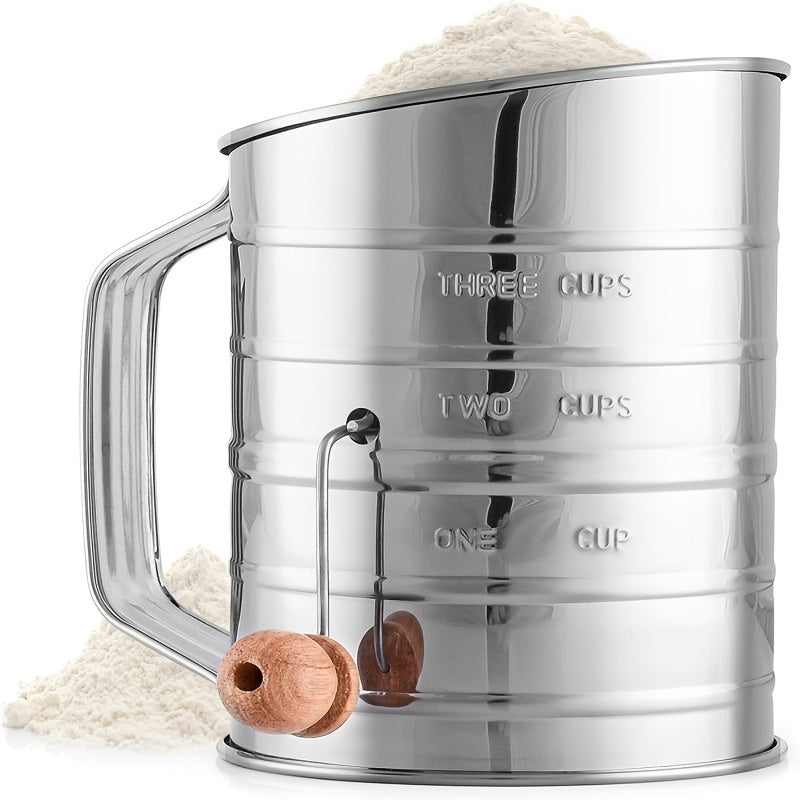 Stainless Steel Flour Sifter with Scale, 3 Cup Capacity, Hand Crank