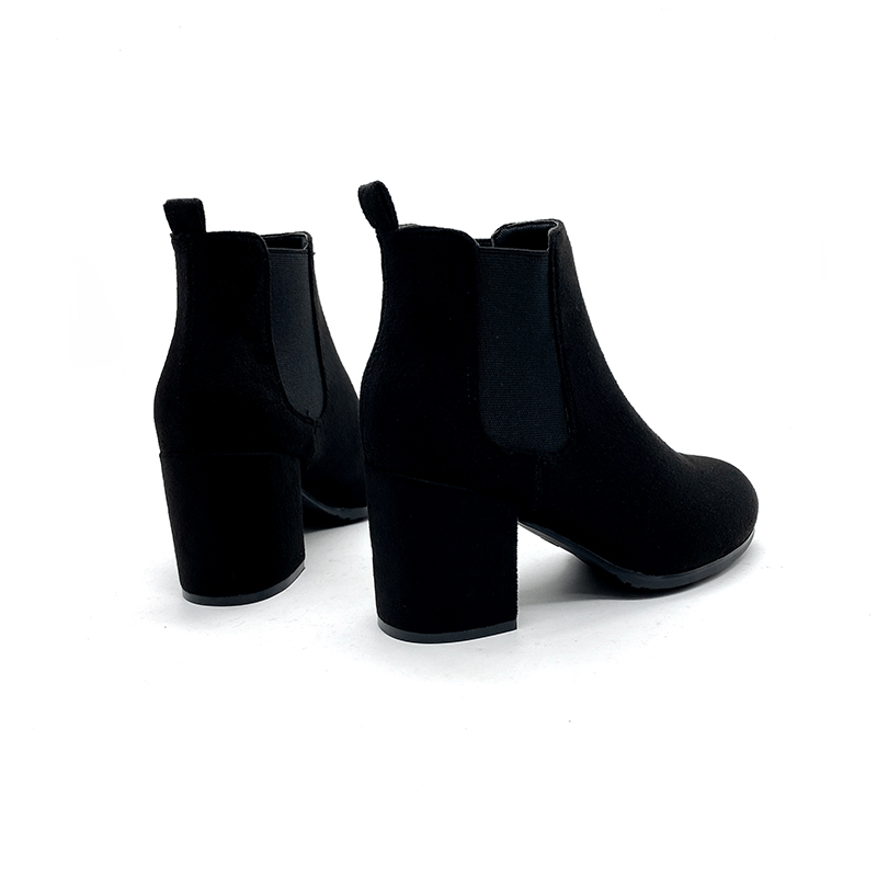 Women's Black Block Heel Ankle Boots Round Toe Slip-On Shoes