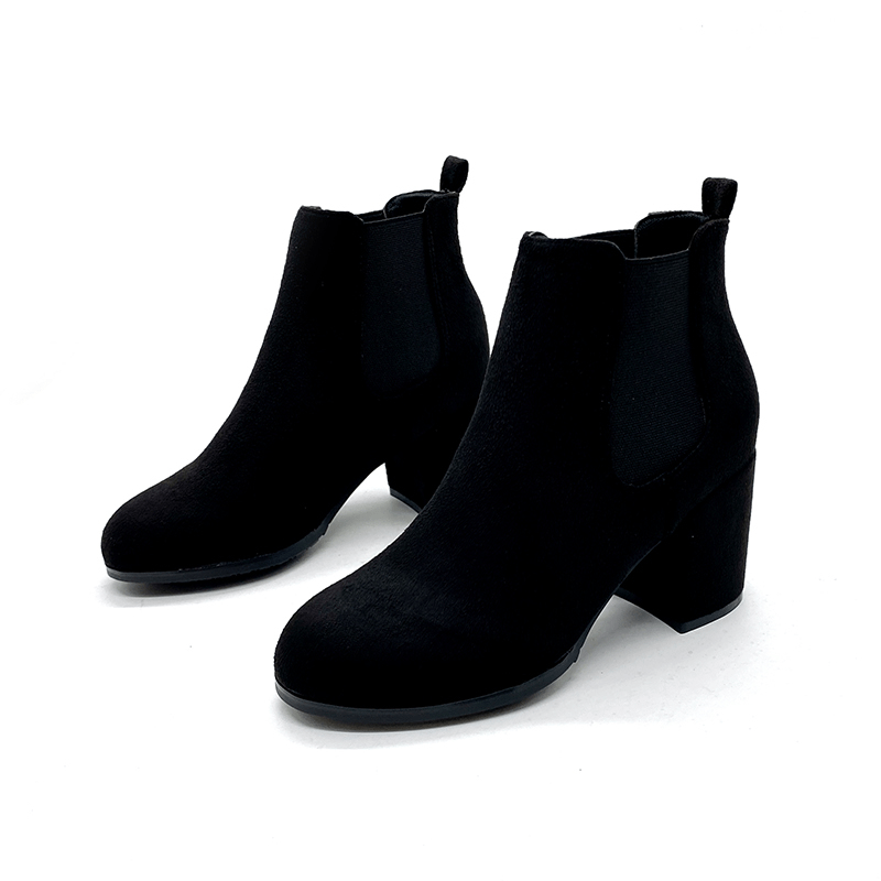 Women's Black Block Heel Ankle Boots Round Toe Slip-On Shoes