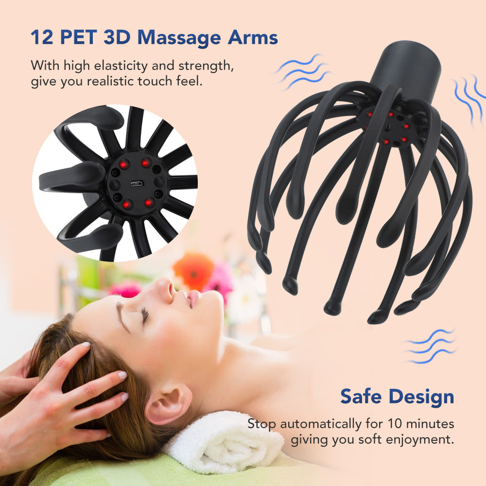 Electric Head Massager with Rechargeable Battery and Octopus Scratchers for Stress Relief