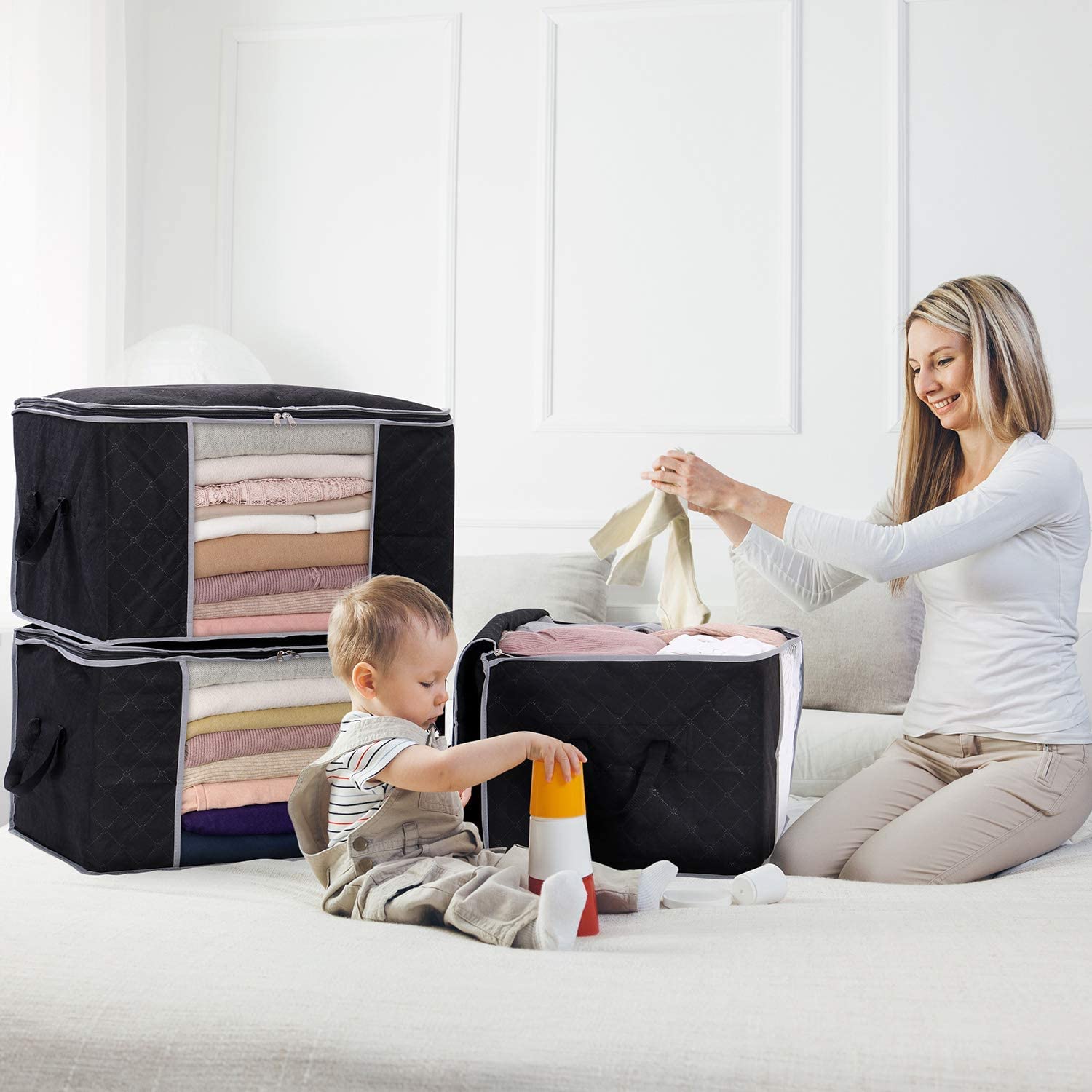 3 Pack Large Grey Storage Bags with Reinforced Handles for Clothing and Bedding