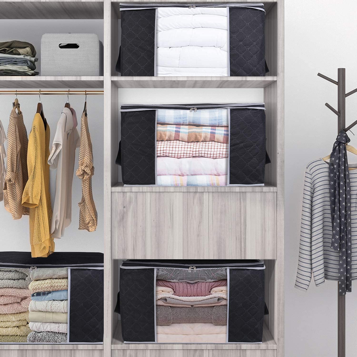 3 Pack Large Grey Storage Bags with Reinforced Handles for Clothing and Bedding