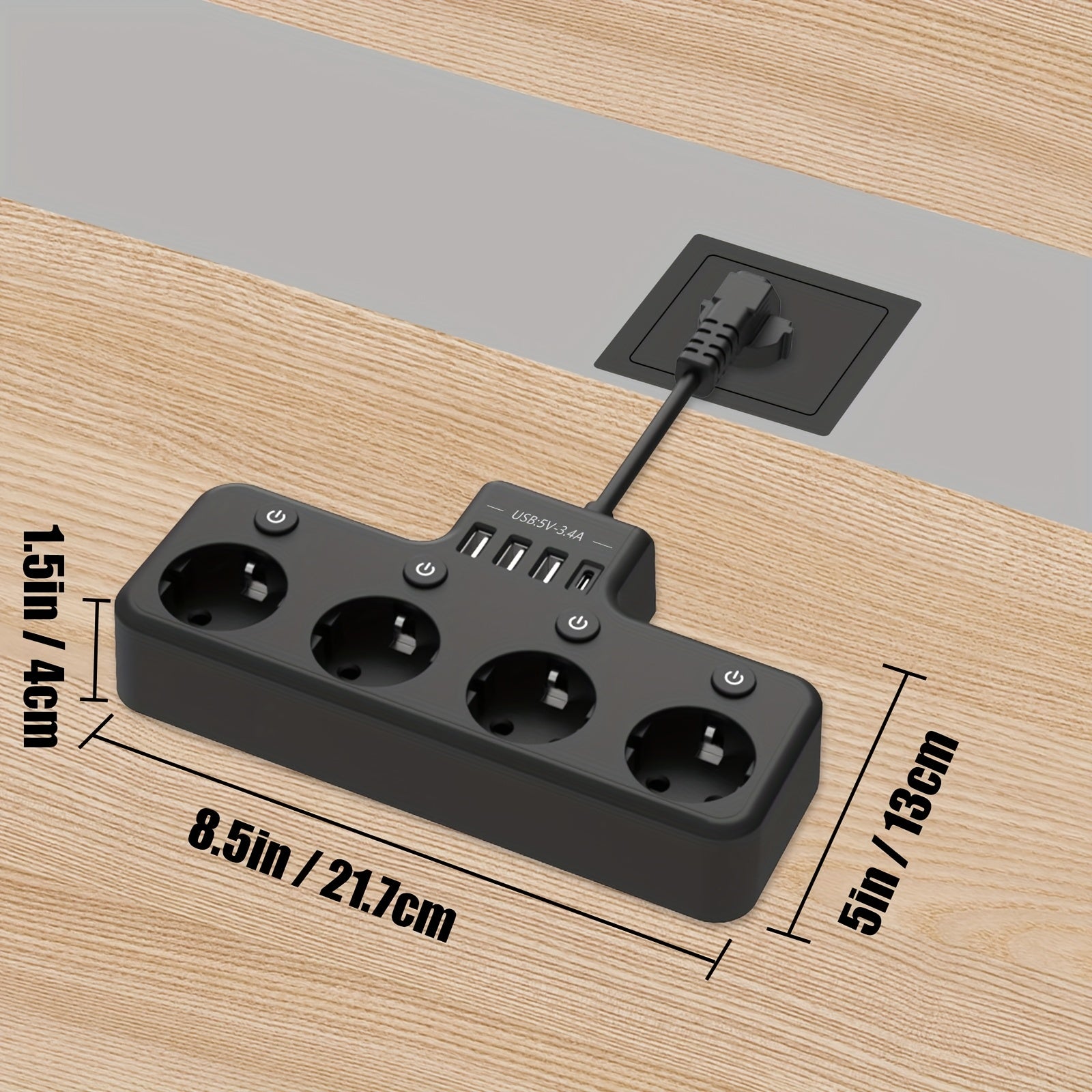 Multifunctional Power Strip with 4 Sockets 3 USB Ports Type-C Surge Protection for Home Office